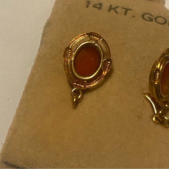 Vintage 14k gold marked cameo oval fan shell dangle post earrings as is - Picture 10 of 14
